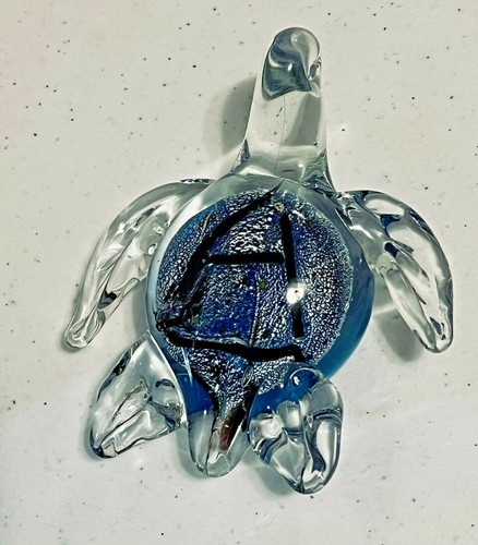 Handblown Art Glass Sea Turtle-Figurine Paper Weight Blue & Silver 5''x4''x1.5''