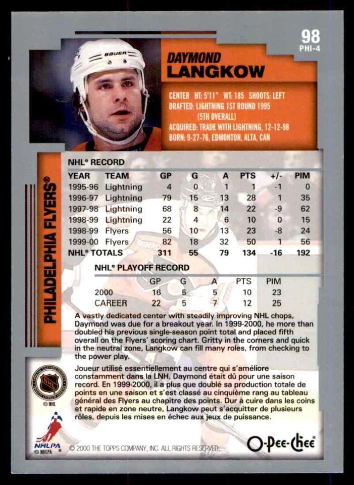 2000-01 O-Pee-Chee Daymond Langkow #98 PHI-4 - Image 2 of 2