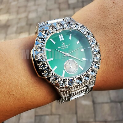 Men's Luxury Hip Hop Silver Tone Bling Metal Band Big CZ Green Dial Wrist Watch