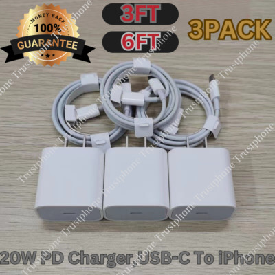 3X Lot 20W PD Fast Charger For iPhone 14/13/12/11ProMax USB Type C Adapter Cable