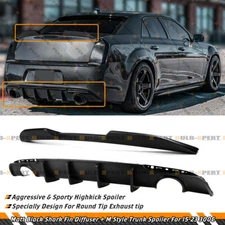 For 2015-2023 Chrysler 300 Matt Black Rear Diffuser W/ Round Tip + Trunk Spoiler