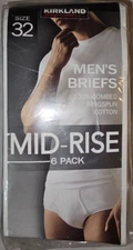 Men's Kirkland Signature Mid Rise White Briefs Pack of 6 Size 32