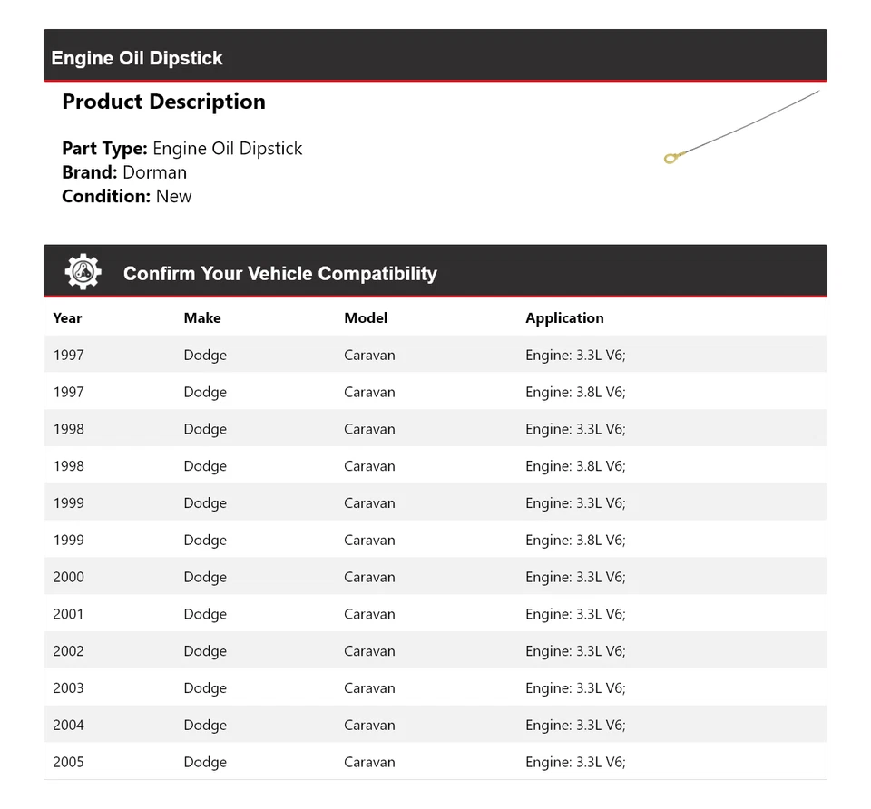 Varilla de medición de aceite de motor para Dodge Caravan Dorman 1997-2005 1998 1999 2000 2001 2002 Foto 2 de 4