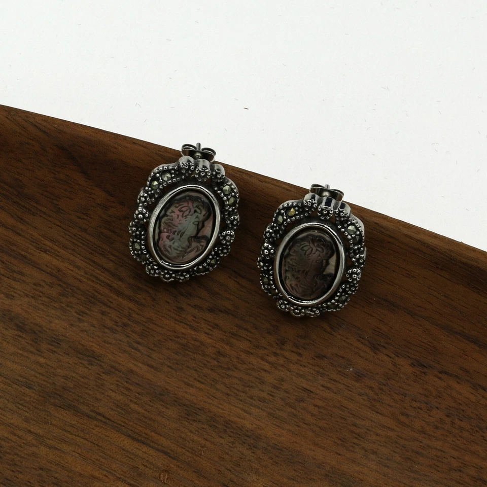 Colgante y pendientes de marcasita camafeo abulón acero inoxidable 316 Foto 4 de 4