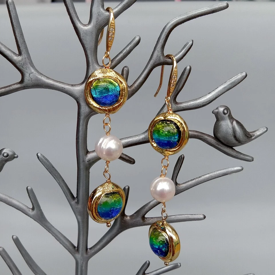 Pendientes de gancho colgantes de cristal de Murano azul perla Keshi cultivada de agua dulce blanca Foto 4 de 4