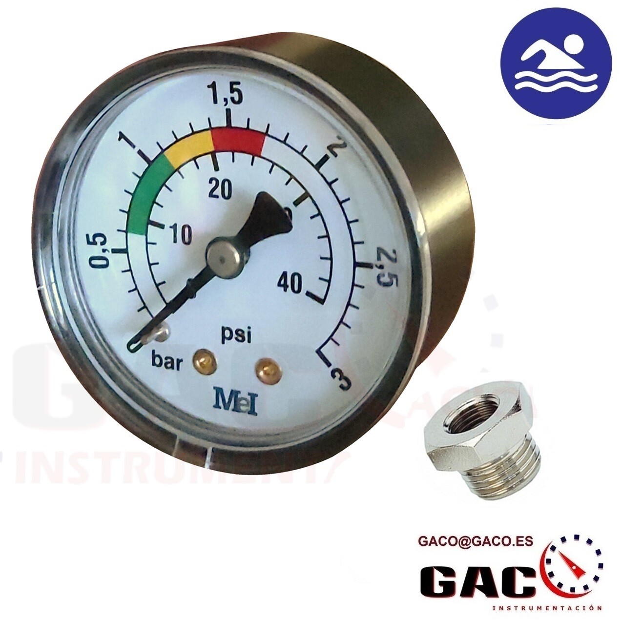 MANOMETRO PARA FILTRO PISCINA 3bar 40psi POSTERIOR 1/8" + ADAPTADOR 1/4"