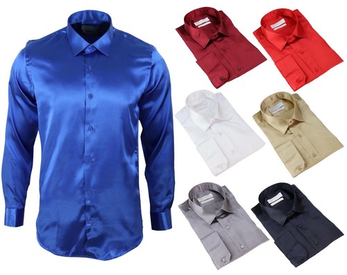 Mens Satin Silk Shirt Smart Casual Button Down Cuff Tailored Fit Shiny Party