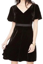 Ann Taylor Fairycore Flutter Sleeve Black Velvet Dress-VNeck Front/Back-00Petite