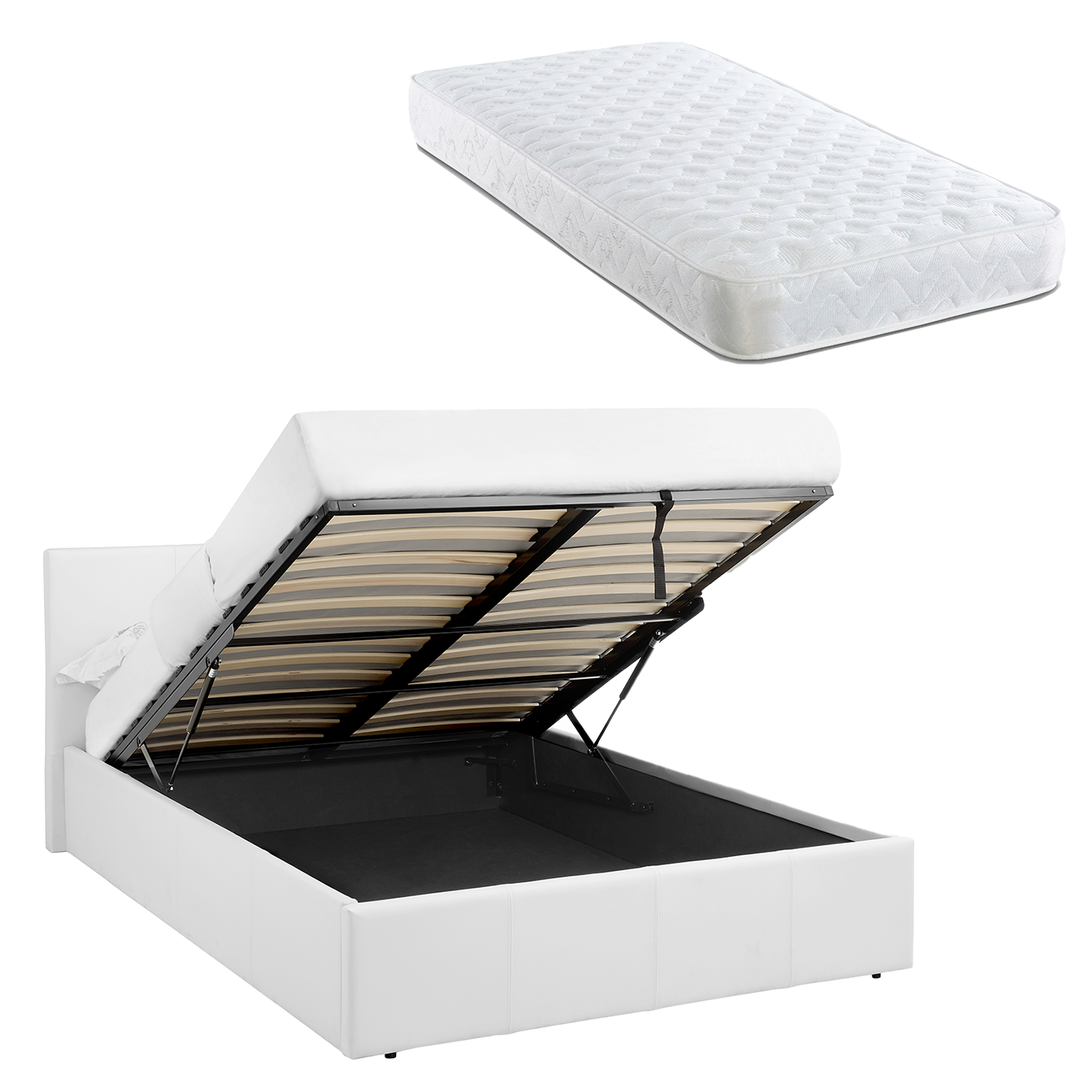 Single 3FT Ottoman Bed White Faux Leather + Sprung Mattress LUNA