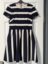 Eliza J Navy Ivory Striped Fit & Flare Dress Gold Zip Pockets Size 8