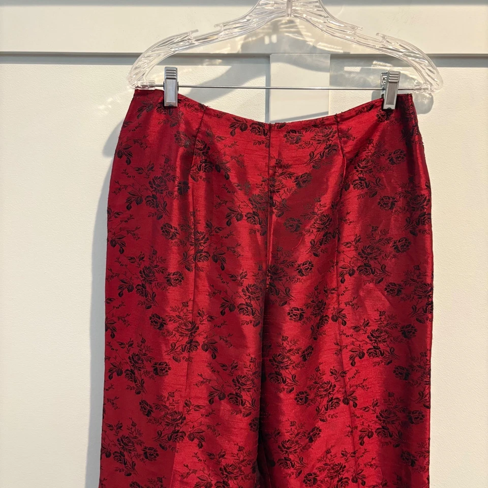 Vtg 1980s Sheri Martin NY Red Black Floral Jacquard Satin Evening Pants Small - Image 3 of 4