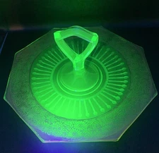 Uranium Depression Glass Octagonal Tidbit Dessert Dish Handled 11” 1930s