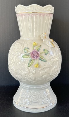 Belleek Songbird Vase 9 3/7'' Embossed Porcelain Flowers & Bird