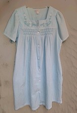 Miss Elaine Seersucker Embroidered Snap Front House Dress Robe Blue White XL SEE