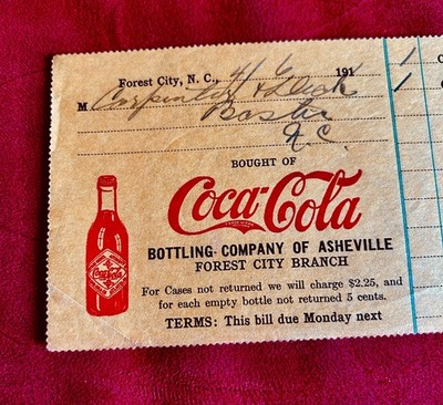 1900s Coca-Cola Bottling Asheville Forest City NC Invoice Straight-Sided Bottle