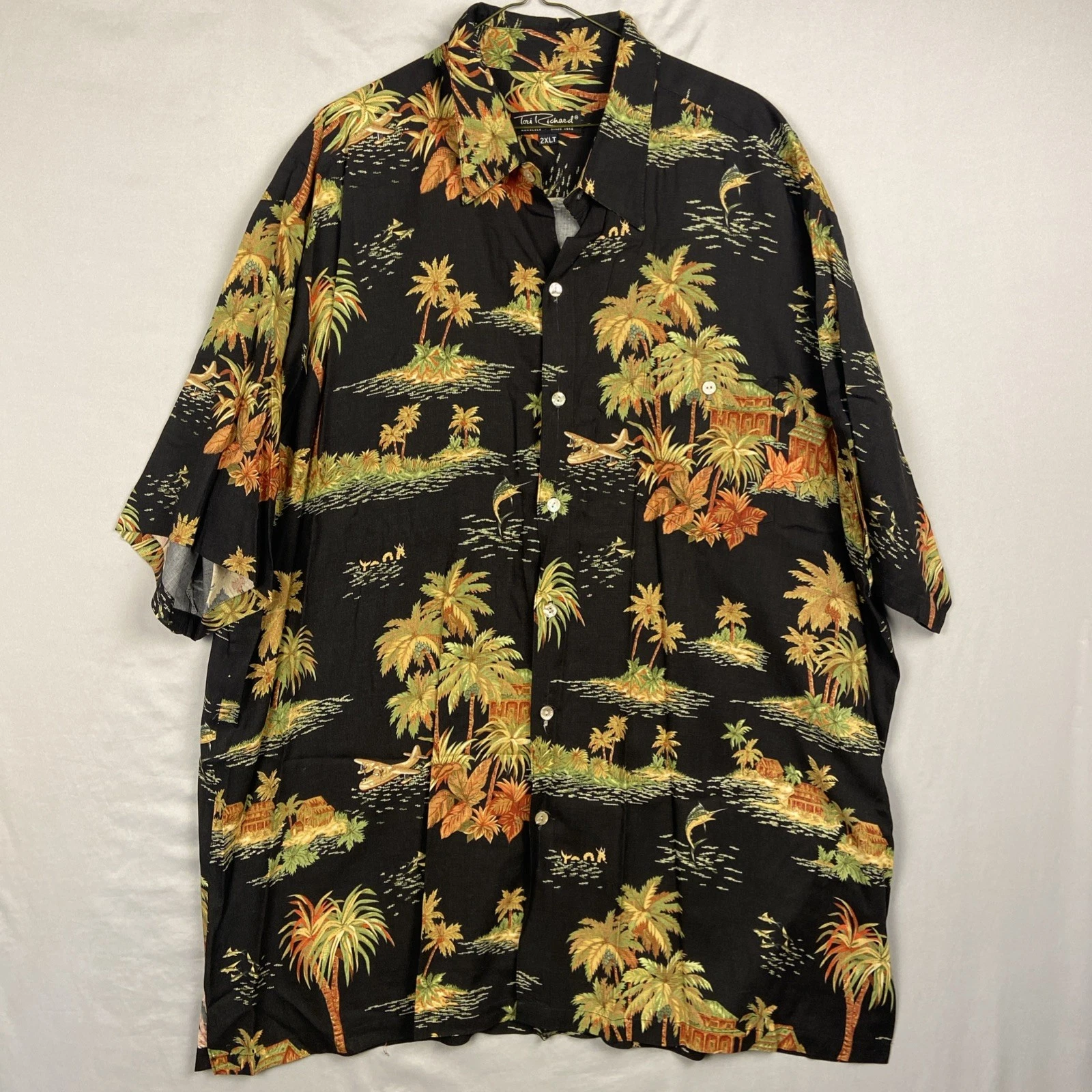 Tori Richard Shirt 2XL Tall Hawaiian Viscose Short Sleeve Black Tropical Island