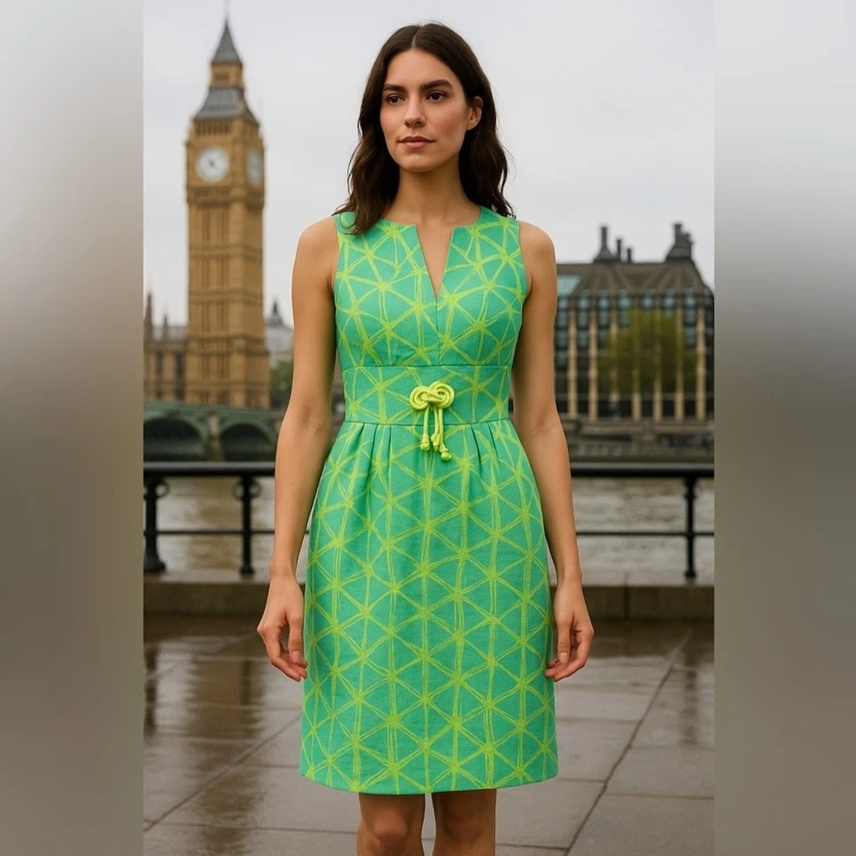 Eva Franco Anthropologie Lime Green/Aqua Textured 60’s Vibe Flattering Waist 10 - Image 2 of 4