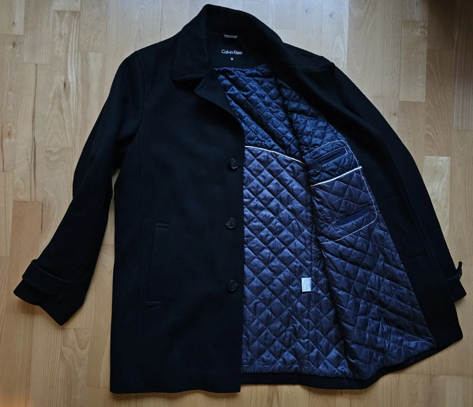Calvin Klein Men's Black Wool Pea Coat With Quilted Lining Medium - Image 3 of 4