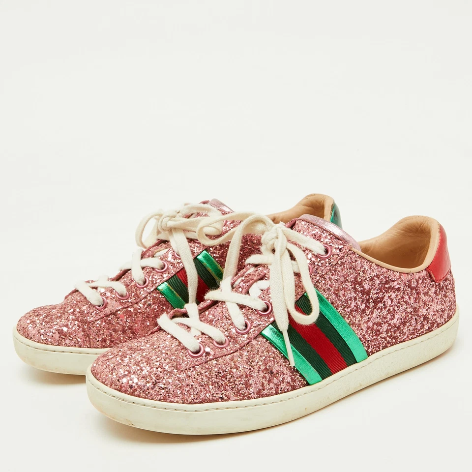 Tênis Gucci rosa glitter e couro detalhe de teia ás cano baixo tamanho 36 - Imagem 2 de 4