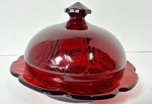 Vintage Jeanette Glass RED Covered Butter Cheese Dish Depression 6” CADMIUM GLOW