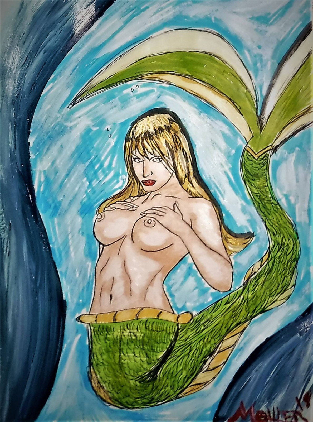 Mermaid artwork Nude Mermaid watercolor and acrylic on paper 8x12