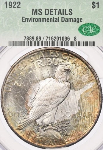 1922 $1 CACG MS Peace Silver Dollar Uncirculated Color Toned Toning Toner