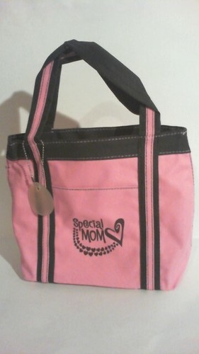 NEW - SMALL Tote Bag Nylon Canvas BROWN & PINK ( size 8in x 8in x 4 1/2 in ) - Picture 2 of 8