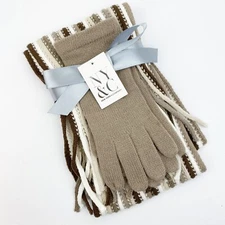 New York & Company 2 Piece Gloves & Scarf Set Fringe Gift Browns Striped Acrylic