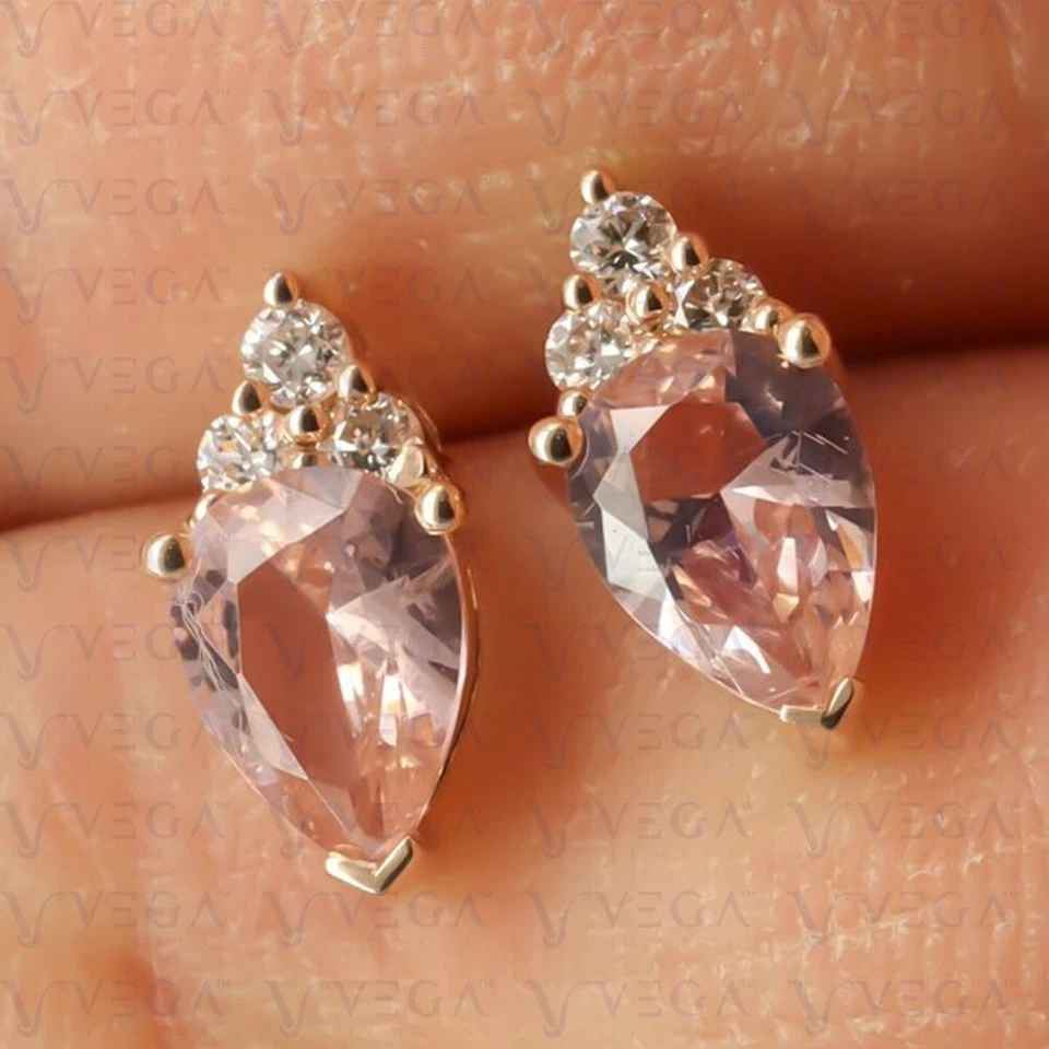 Pendiente de morganita natural y diamantes en forma de pera de 3,36 quilates de oro rosa macizo de 14 quilates Foto 2 de 4