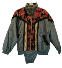 Vintage 80s Windbreaker Track Suit Jacket Pants Set Green Shimmer Women M Medium