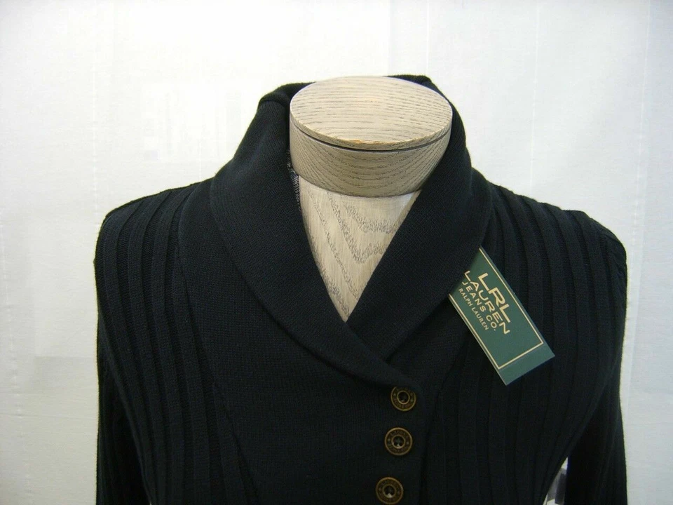 Ralph Lauren Mujer Cable Nuevo Chal Suéter Sudadera Pequeña S Negro Dorado Botón Foto 4 de 4