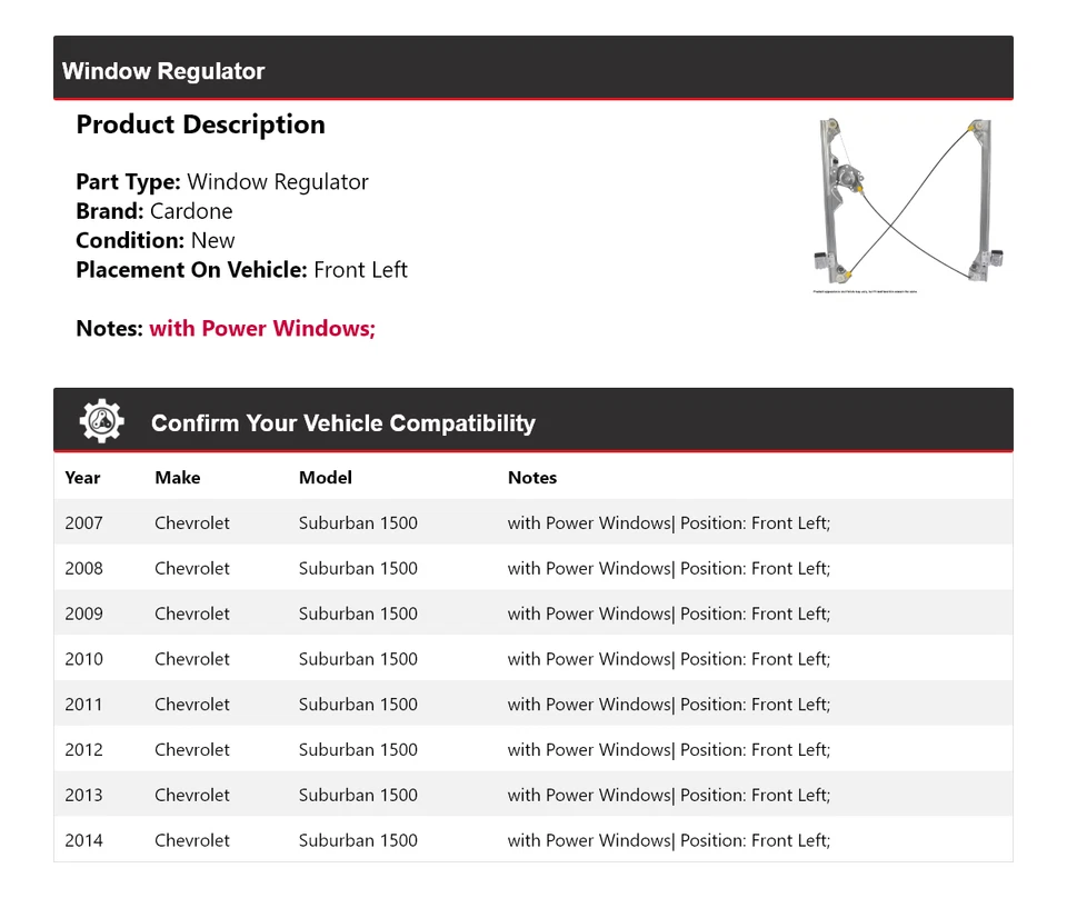 Regulador de ventana delantero izquierdo cardone 2008 para Chevrolet Suburban 1500 2007-2014 Foto 2 de 4