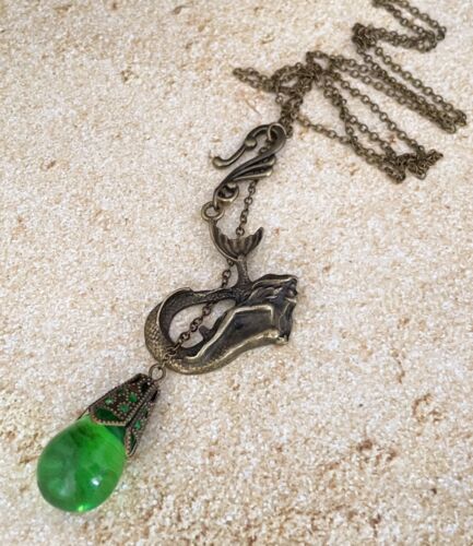 Mermaid Necklace Art Nouveau Siren Lariat Pendant W/ Antique Green Czech Glass - Picture 4 of 5