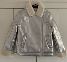 M&S Girls Metallic Silver Bomber Aviator Fur Lined Coat Jacket Age 12-13 Years
