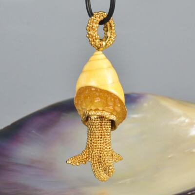 Octopus Granulation Pendant Carved Tree Snail Shell Gold Vermeil Sterling 22.19g
