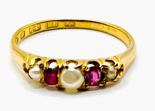 Antique Victorian 22ct Gold, Ruby & Pearl Five Stone Ring, B/Ham Marks 1861 - Picture 5 of 14