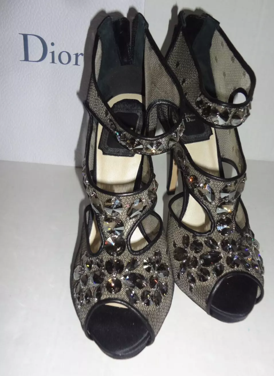 Sandales authentiques Dior 35 1/2 KCE187SRT resille noire talons chaussures EUC cristaux