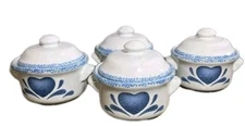 Vintage Pottery Soup Bowl "Blue Heart " Handles with Lid Spongewear Set Of 4
