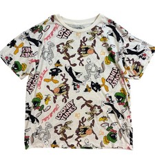 Looney Tunes All Over Print T-Shirt Small Cream Multi Character Graphic Tee