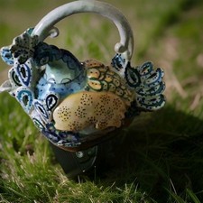 Lot of 4 Ceramic Teapots w/ Lids Handles, Glossy Multicolor Floral Cottage