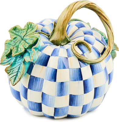 MACKENZIE CHILDS Twisted-Stem Pumpkin, Resin Halloween, Blue & White Royal Check