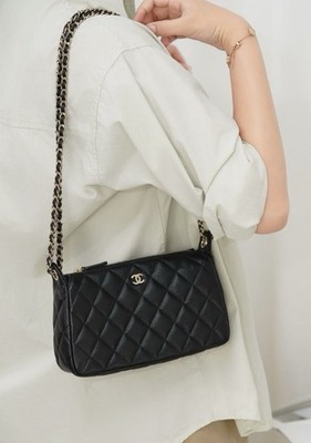 CHANEL★チェーンバッグ Auth BNIB Chanel 25 Black Double Chain Pochette Wallet Clutch With