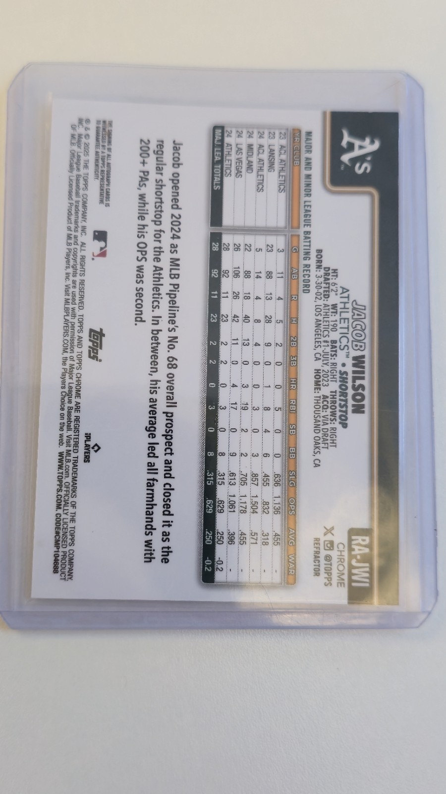 Jacob Wilson 2025 Topps Chrome Rookie RC Refractor Auto /499