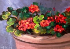 Original Hand painted Oil  Painting on Linen Canvas Garden Potted Flowers