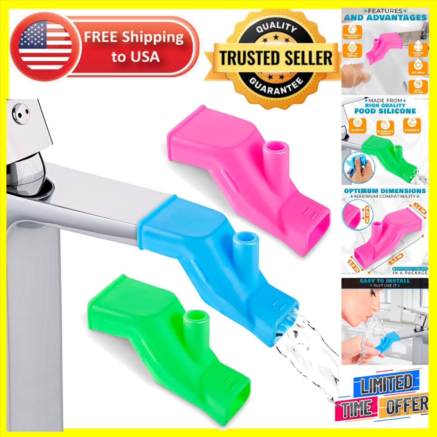 3-piece Silicone Faucet Extender Set - Fun Colors & Hassle-Free Installation