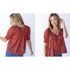 Natural Life Women Large Blouse Floral Red Peasant Short Puff Sleeve Boho Top