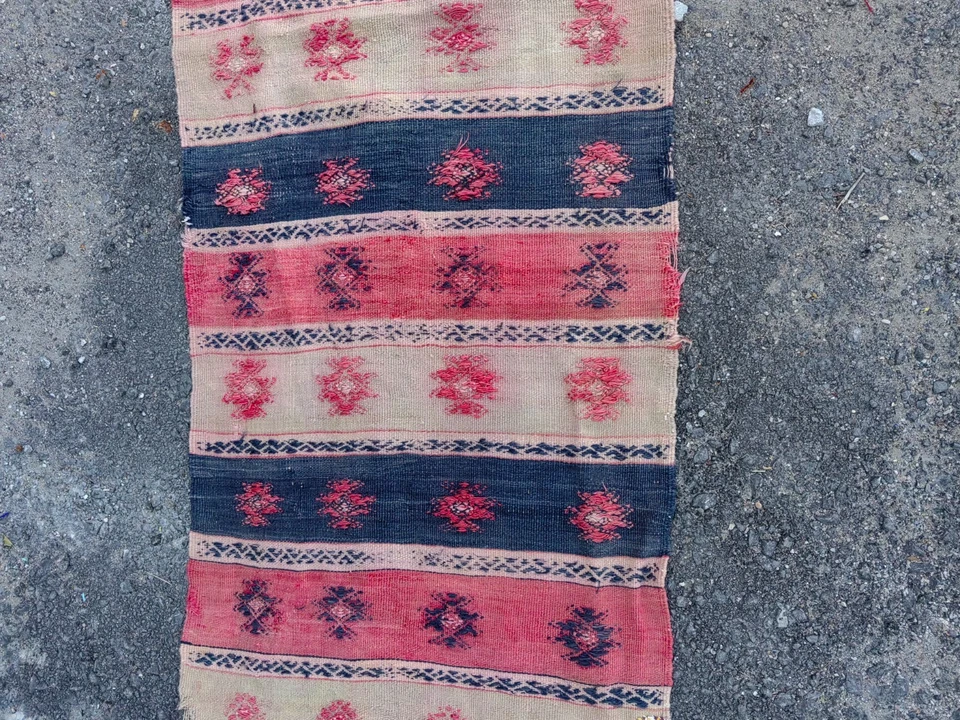 Vintage Turkish Kilim Runner 2.1x5.4 ft Handwoven Wool Pink/Indigo - Image 4 of 4
