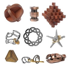 9pcs Retro Wooden and Metal Puzzles Bulk Gift for Kids, Teens, and Style D