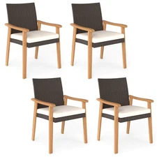 Patio Dining Chair Set of 4 w/Cushion Wood Armrests Metal Frame for Garden