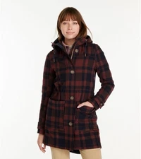 NWT LL Bean West End Wool Hooded Plaid Pea Coat Canyon Rust/Navy Medium